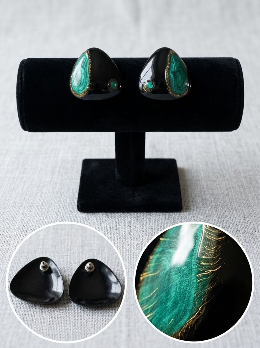 Vintage Black Green Gold Enamel Statement Earrings